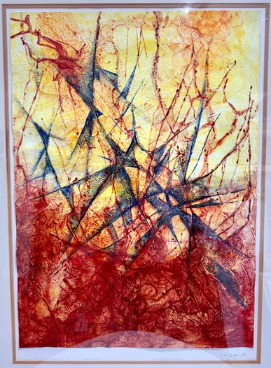 Large 2001 Crimson Abstract Expressionist Painting - Signed C.A. Clayton (Ballymena Frame)