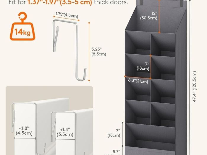 Hanging Shoe Storage Rack with 11 Pockets, 5 Layers Shoe Holder for Closet Door Includes Boots, Grey, 1 Pack