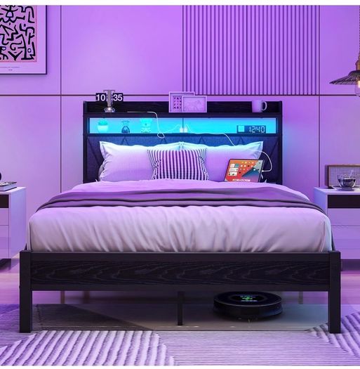 4ft6 Double Size Bed Frame with LED Lights Storage Upholstered Headboard and Charging Station, Solid Metal Platform Bed Double Size, No Box Spring Needed, Noise Free