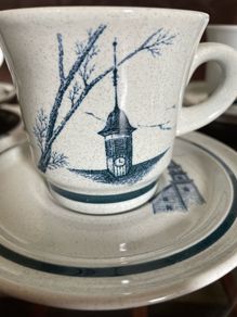 Noritake Stoneware Japan Blue and White Colonial Times Pattern Afternoon Tea Cups and Plates