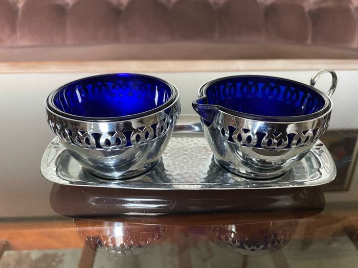 Vintage Silver Chromed Metal Cobalt Blue Glass Sugar and Creamer Set Serving Tray