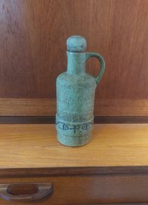 Stunning and Rare Vintage Mid Century West Germany Pottery Lidded and Single-Handled Decanter Bottle in Olive Green with Fish and Cross Symbols by Streuler, Pre 1960's