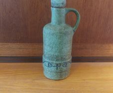 Stunning and Rare Vintage Mid Century West Germany Pottery Lidded and Single-Handled Decanter Bottle in Olive Green with Fish and Cross Symbols by Streuler, Pre 1960's