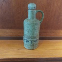 Stunning and Rare Vintage Mid Century West Germany Pottery Lidded and Single-Handled Decanter Bottle in Olive Green with Fish and Cross Symbols by Streuler, Pre 1960's