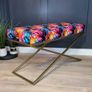 Metal-Framed X-Style Bench Floral Velvet with Gold Frame Image 2