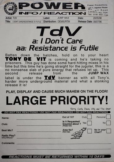 TdV - I Don't Care - Jump Wax Records - Dj White Label Promo - Epic Tony De Vit 90s Hard House Anthem!