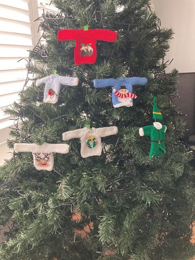 Handknit mini jumpers Xmas tree decorations