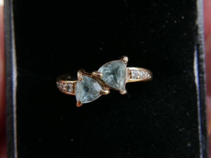 Vintage Solid 14k Gold Aquamarines And Diamonds Ring Size O - 3,35g