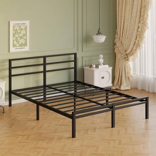 Bed 135 x 190 cm with Headboard and Footboard, 30 cm High, Metal Slatted Base, Iron Double Bed Frame, Additional Space Below, Easy Assembly, Modern, Black