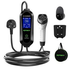 Ev Charger Cable Type 2 to 3 Pin UK Plug 5M, 3KW 13A with Adjustable Current, Includes UI Display Screen, Storage Bag & Wall Mount
