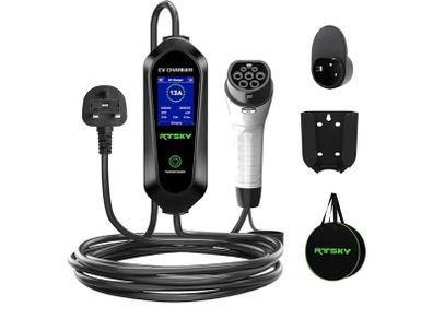 Ev Charger Cable Type 2 to 3 Pin UK Plug 5M, 3KW 13A with Adjustable Current, Includes UI Display Screen, Storage Bag & Wall Mount