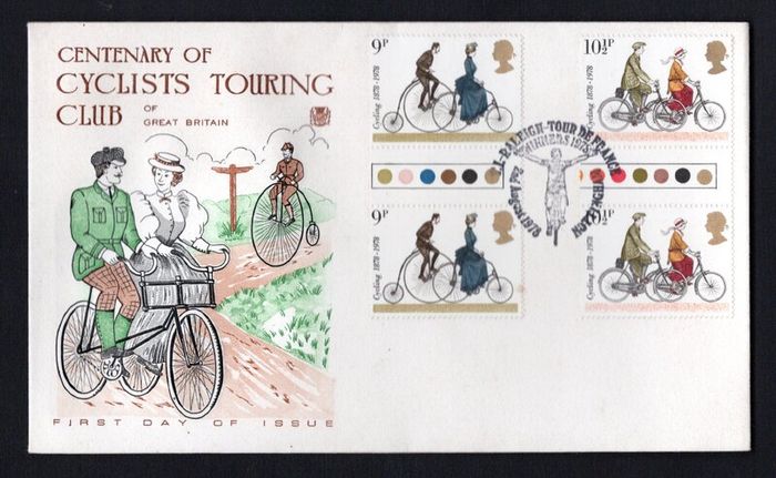1978 Great Britain Centenary of Cyclists Traffic Lights Gutter Pairs 9p & 10 1/2p commemorative stamps on illustrated First Day Cover (FDC)