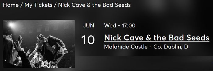 1 Front Standing Ticket for Nick Cave & The Bad Seeds at Malahide Castle June 10th