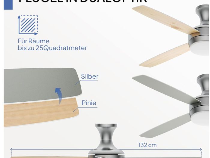 AireRyder Ceiling Fan Saturn Nickel with Lighting and Remote Control 52 132cm Blades in Silver and Pine