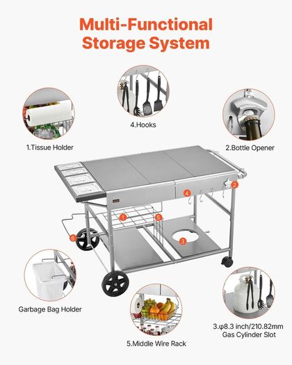 Outdoor Grill Cart Grilling Table Movable Outdoor Cooking Table with 4 Spice Containers, Wheels, Lids, Hooks