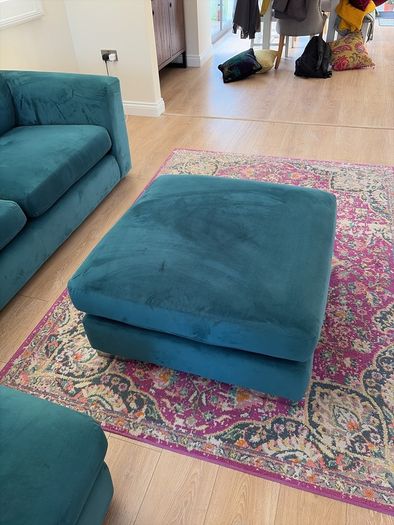 Teal Blue L shaped couch and footstool