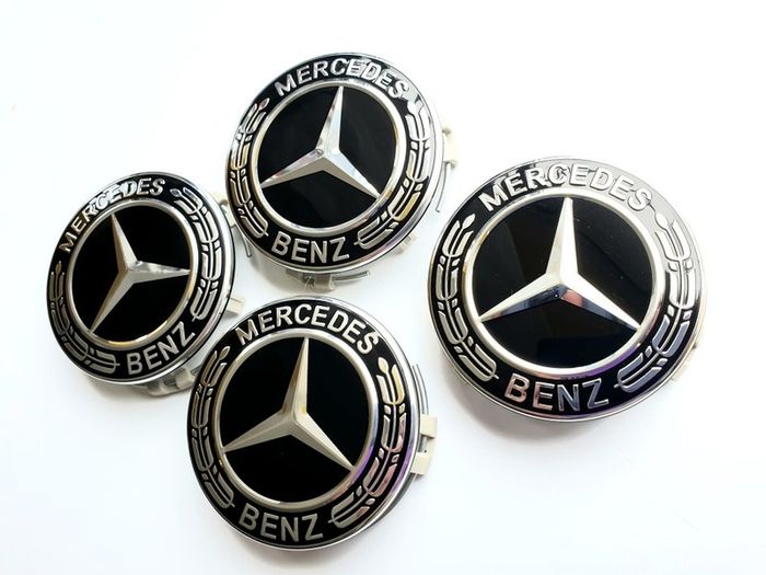 4 x Gloss Black 75mm  MERCEDES BENZ wheel CENTER CAPS (very strong fit, aluminum top) new style, for new models