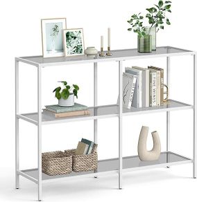 Console Table, 3 Tier Shelf  Slate Grey Glass Tops, Pearl White Frame Shelf, 3 Shelves, Tempered Glass, Hallway Table,