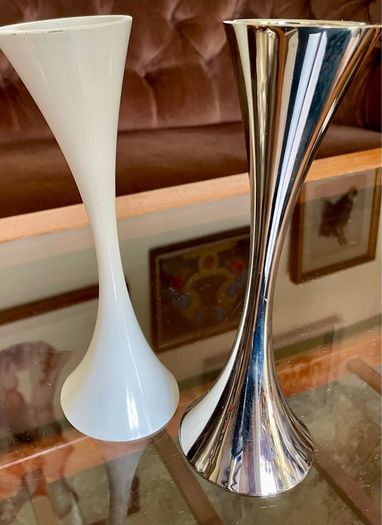 Vintage 20th Century Heavy Asymmetrical Stainless Steel and White Enamel Pair Of Candle Holders