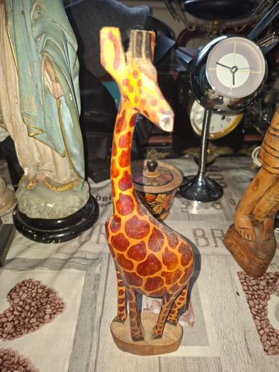 Very Large Vintage Hand Carved Wooden Mother & Baby Giraffe African Folk Art Sculpture and another Giraffe, 3 in total