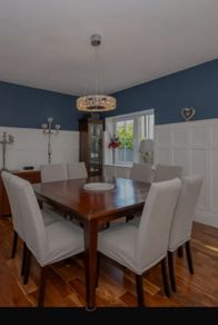 Large Square Wooden Dining Table with 8 Upholstered Chairs