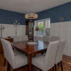 Large Square Wooden Dining Table with 8 Upholstered Chairs