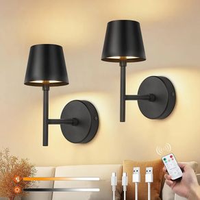 Rechargeable Wall Lights Set of 2, Battery Operated Wall Lights Black with Remote, 3 Color Temperature & Dimmable, Wireless Sconces for Bedroom Living Room Hallway Night Light, Smooth Finish
