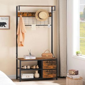 Coat Rack with Shoe Storage Bench, Coat Stand with Hooks and 2 Drawers, 4-in-1 Design, Coat and Shoe Rack, for Hallway, Entryway, Living Room, Bedroom, Rustic Brown and Black
