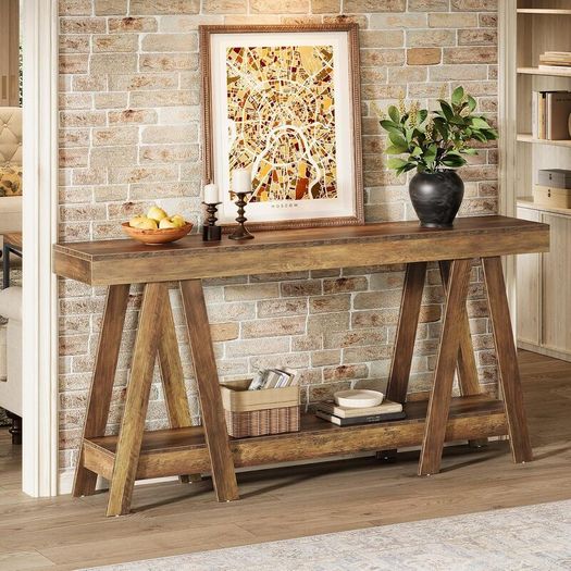 140 cm Rustic Farmhouse Console Table with Lower Storage Shelf, Light Oak Brown Hallway & Entryway Table
