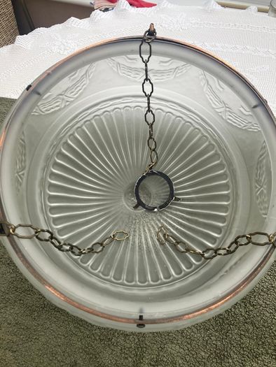 Vintage Art Deco Fluted White Opaque Glass and Copper Ceiling Light