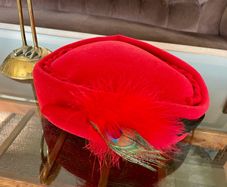 Vintage Mitzi Boutique of London Red Pill Box Hat with Peacock Feather