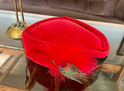 Vintage Mitzi Boutique of London Red Pill Box Hat with Peacock Feather