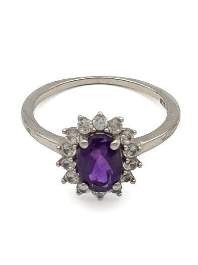Vintage 925 Sterling Silver Amethyst & CZ Halo Ring