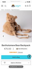 New JELLYCAT Bartholomew Bear Backpack
