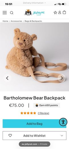 New JELLYCAT Bartholomew Bear Backpack