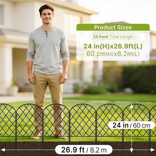 Metal Garden Fence 61cm H x 33cm W (25 Panels, Total Length 8.2m)