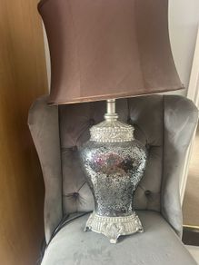 2 silver crackle lamps  with brown lampshades