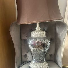 2 silver crackle lamps  with brown lampshades
