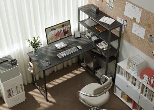 Computer Desk with Bookshelf, Corner Desk with Conversible Shelves, L Shaped Desk, Home Office Desks, Writing Study Desk for Bedroom,100 x 80cm, Black