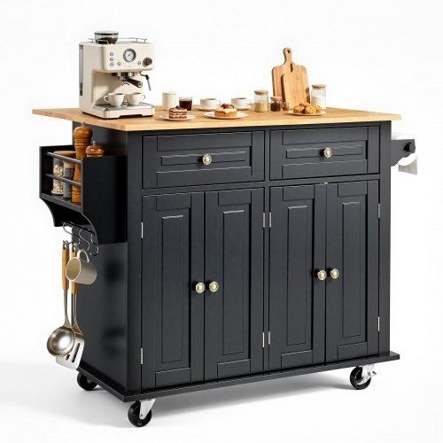 Kitchen Island Cart, 43" Wood Top Mobile Carts with Storage Cabinet, Rolling Table with Drop Leaf, Spice Rack, Towel Bar, Adjustable Shelf, Drawer, and Hooks, Portable Islands on Wheels, Black
