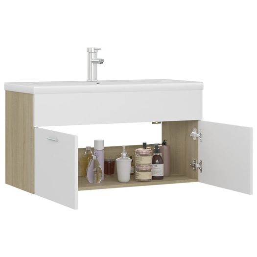 Sink Cabinet with Built-in Basin White and Sonoma Oak Chipboard