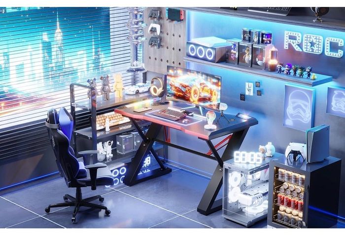 120 x 55 cm Gaming Desk with LED Lights, Gaming Table Thickened Z Shaped, Gamer Desk with Carbon Fiber Coated, Gaming PC Desk, Computer Desk Easy to Assemble, Carbon Fiber Black