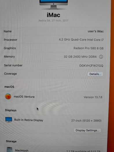 iMac Retina 5K,27-inch,2017, i7-quad-core 4.2GHz,32gb ram,2,2Tb Fusion Drive, Radeon pro 580  8gb