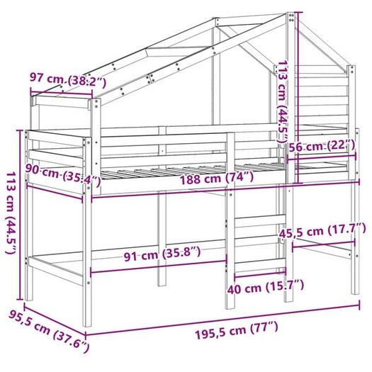 Loft Bed with Ladder and Roof without Mattress 90x190 cm Single