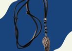 Men Necklace Jewelry Gift with half feather pendant on black leather string