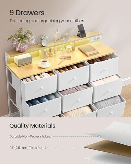 Chest of Drawers Bedroom With Charging Station, Steel Frame 9 Fabric Drawers and LED Lights