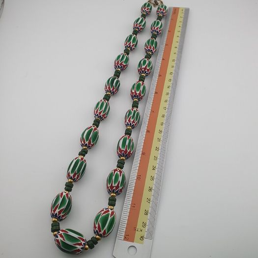 Antique Venetian Style Green Chevron Glass Beads Necklace