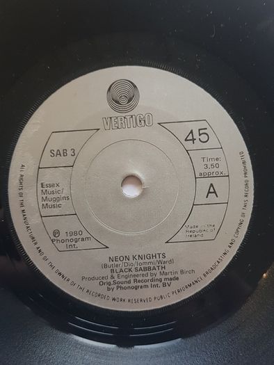 Black Sabbath 7" (Irish) - Neon Knights