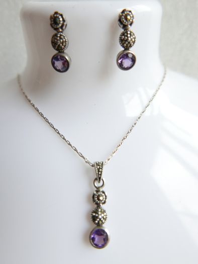 Vintage 925 Sterling Silver Amethyst and Marcasite Necklace and Earring Set