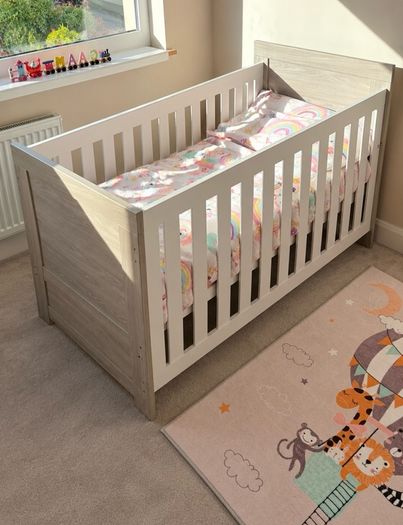 Obaby Nika Cot Bed in Grey Wash/White & Reylon Mattress
